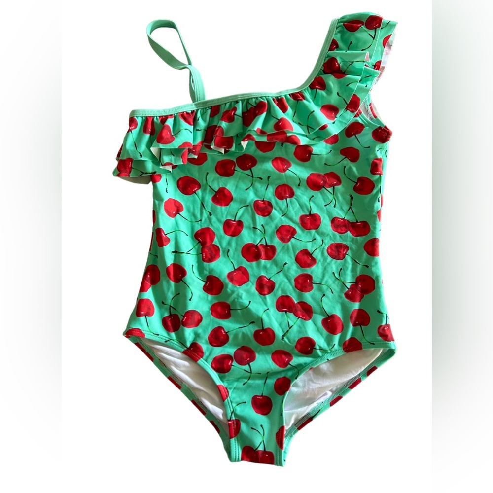 KANU SURF Girls’ size 14 one piece  cherries ruffle accent one shoulder swimsuit